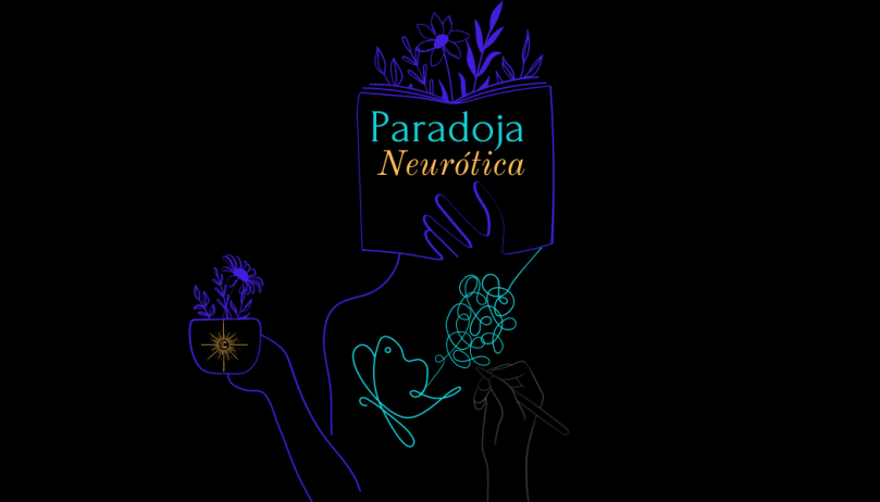 A linear representation of a woman reading a book with a mug of coffee, under her we see a jumbled mess of lines turn into a butterfly. The title of the book reads "Paradoja neurotica"